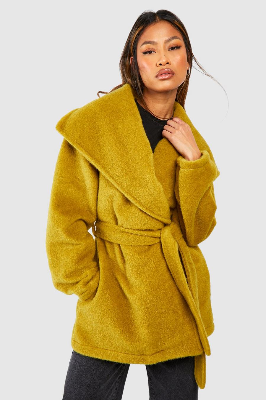 Cappotto lungo effetto lana con trama, colletto sciallato e cintura, Olive