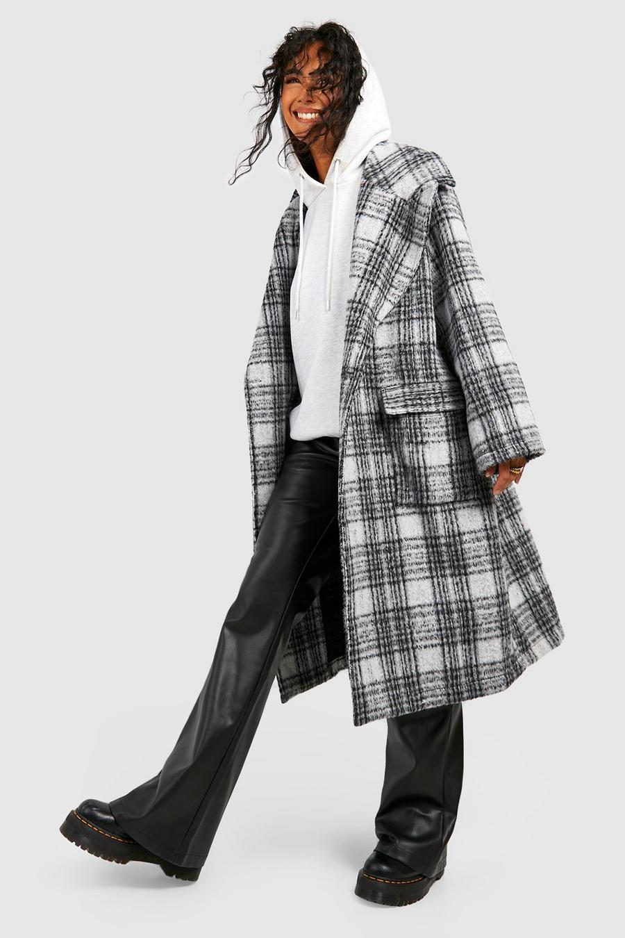 Grey Check Shoulder Detail Midaxi Wool Look Coat image number 1
