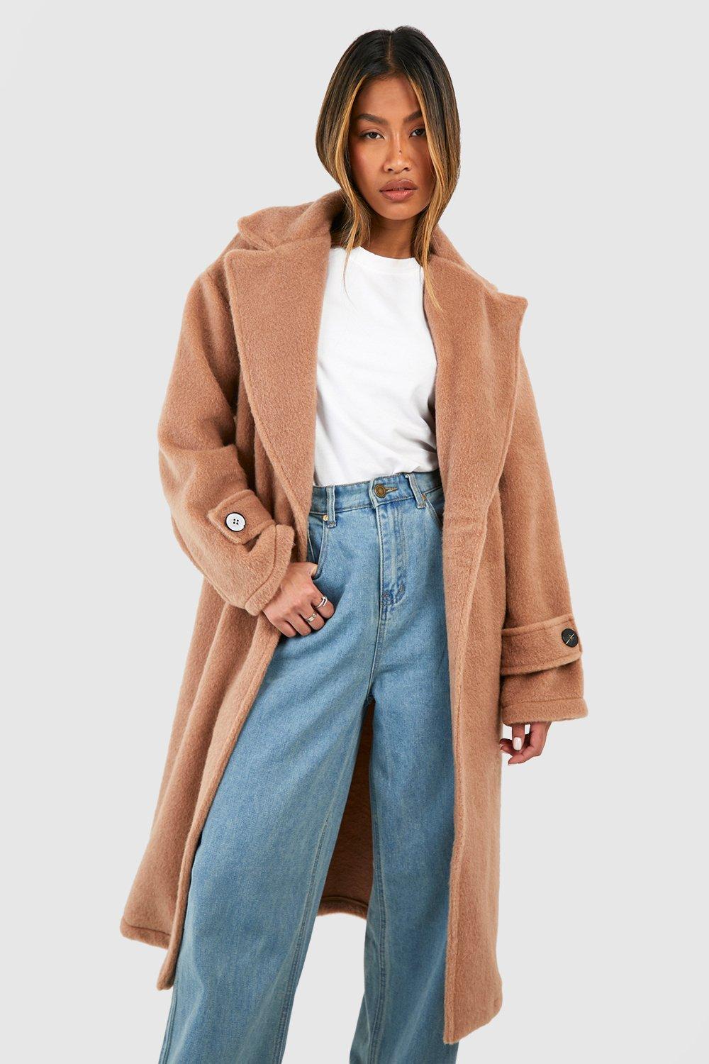 Cuff Detail Textured Wool Look Oversized Coat boohoo IE