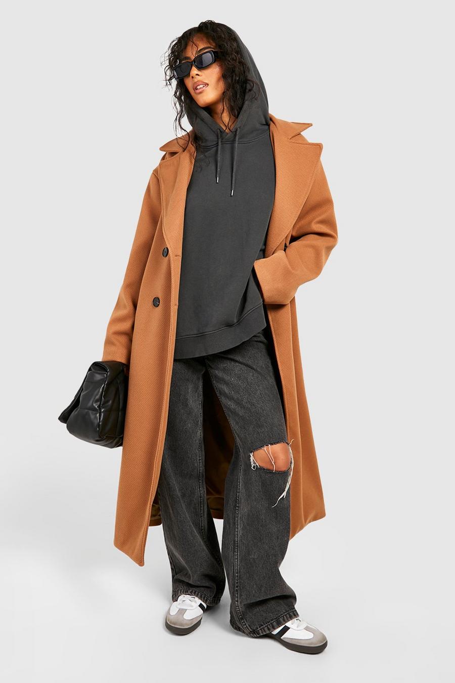 Camel Belted Double Breast Textured Wool Look Maxi Coat