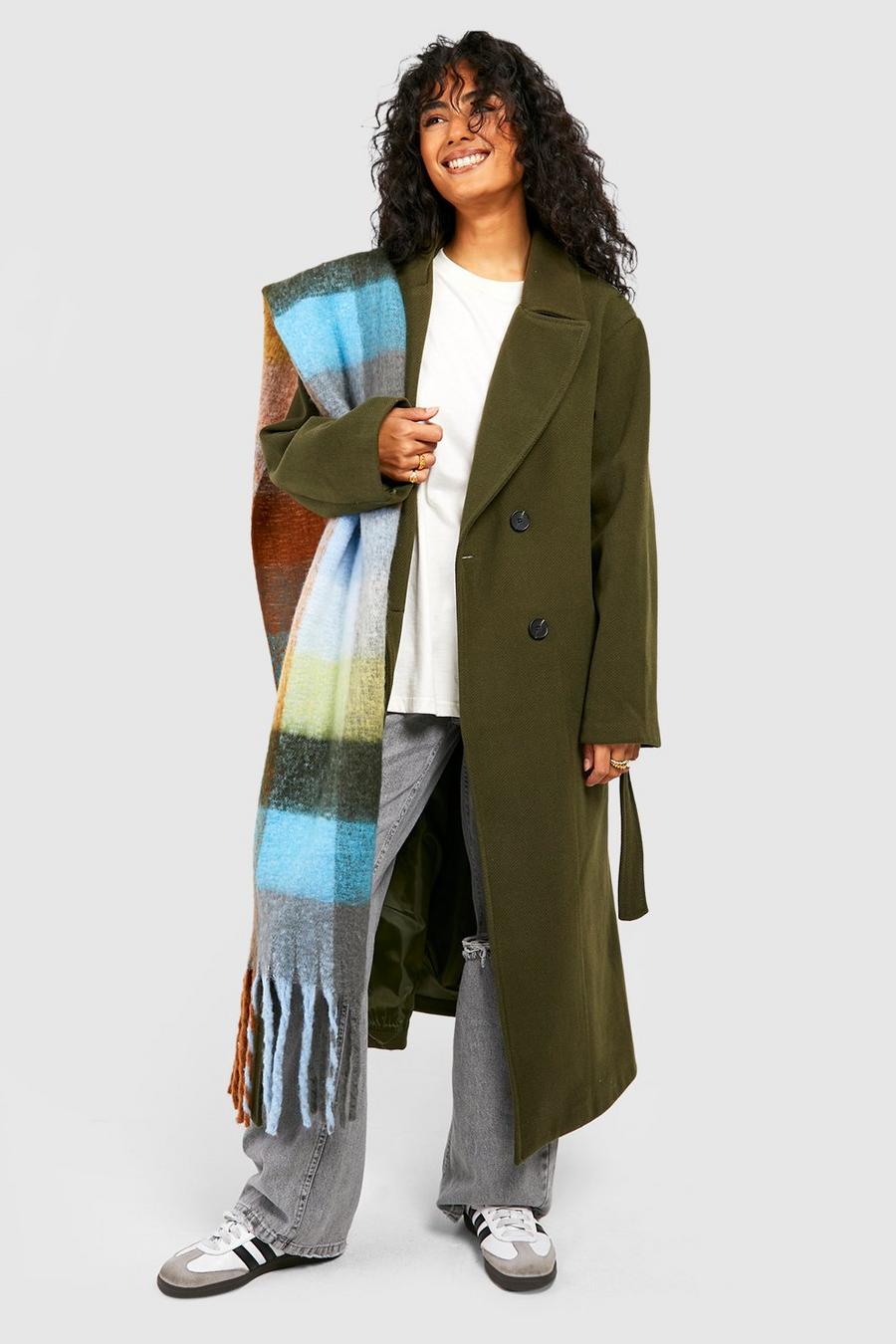 Zweireihiger strukturierter Mantel in Wolloptik mit Gürtel, Khaki