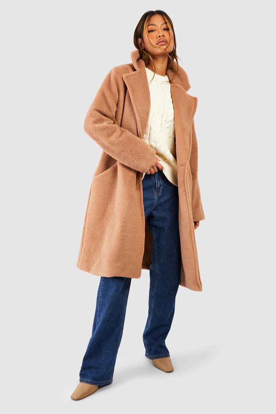 Camel Double Breasted Longline Textured Wool Look Coat image number 1