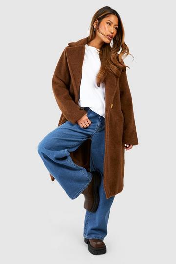 Chocolate Brown Double Breasted Longline Textured Wool Look Coat