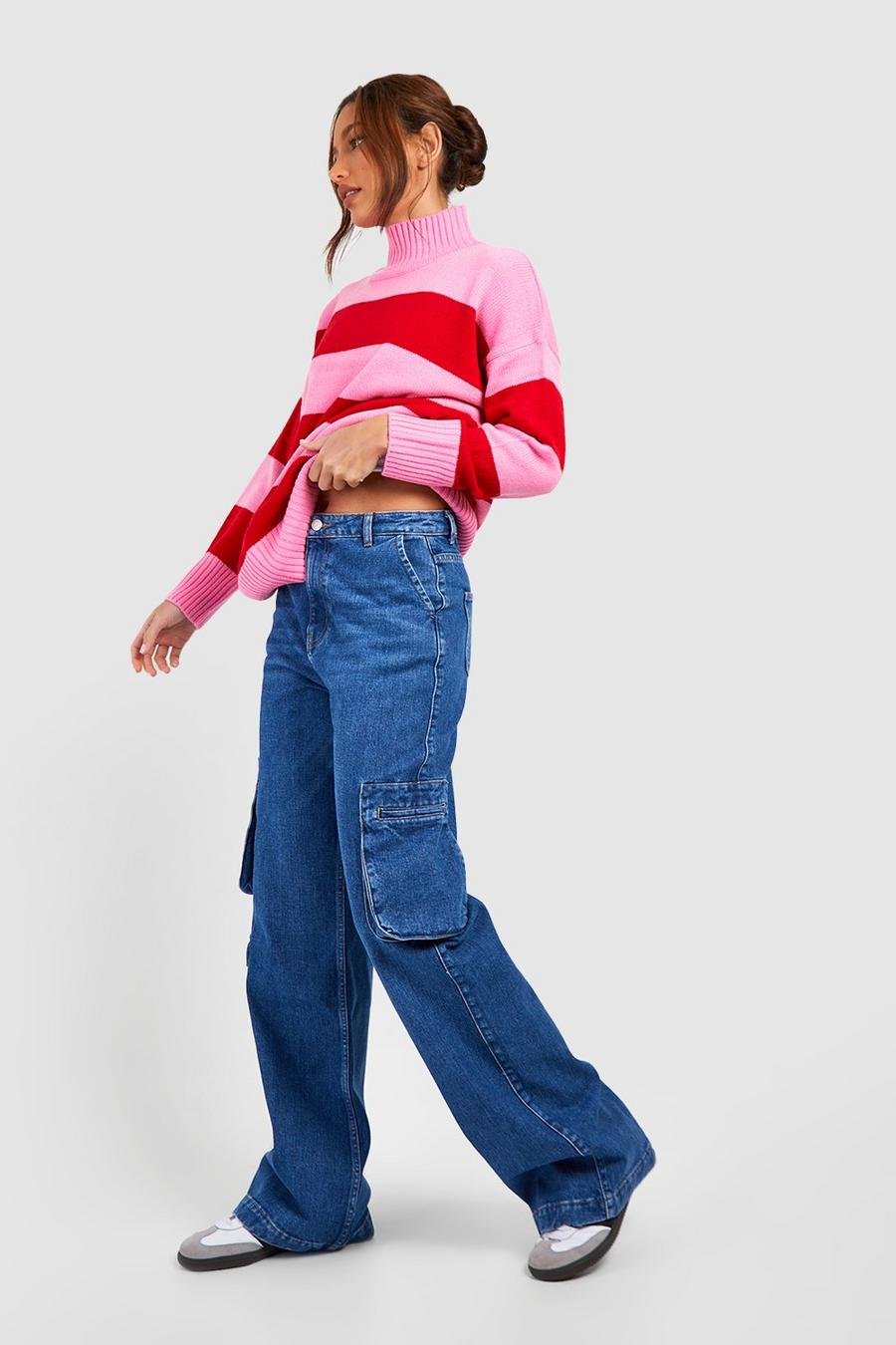 Tall Cargo-Jeans mit hohem Bund und Taschen, Mid wash image number 1
