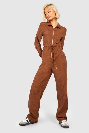 Cord Zip Utility Jumpsuit brown
