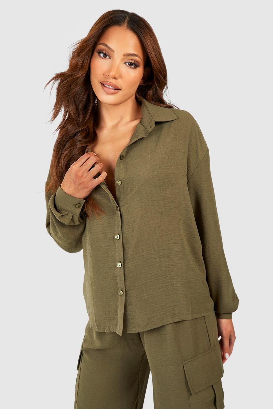 Khaki Tall Woven Open Back Tie Detail Cropped Relaxed Fit Shirt image number 1