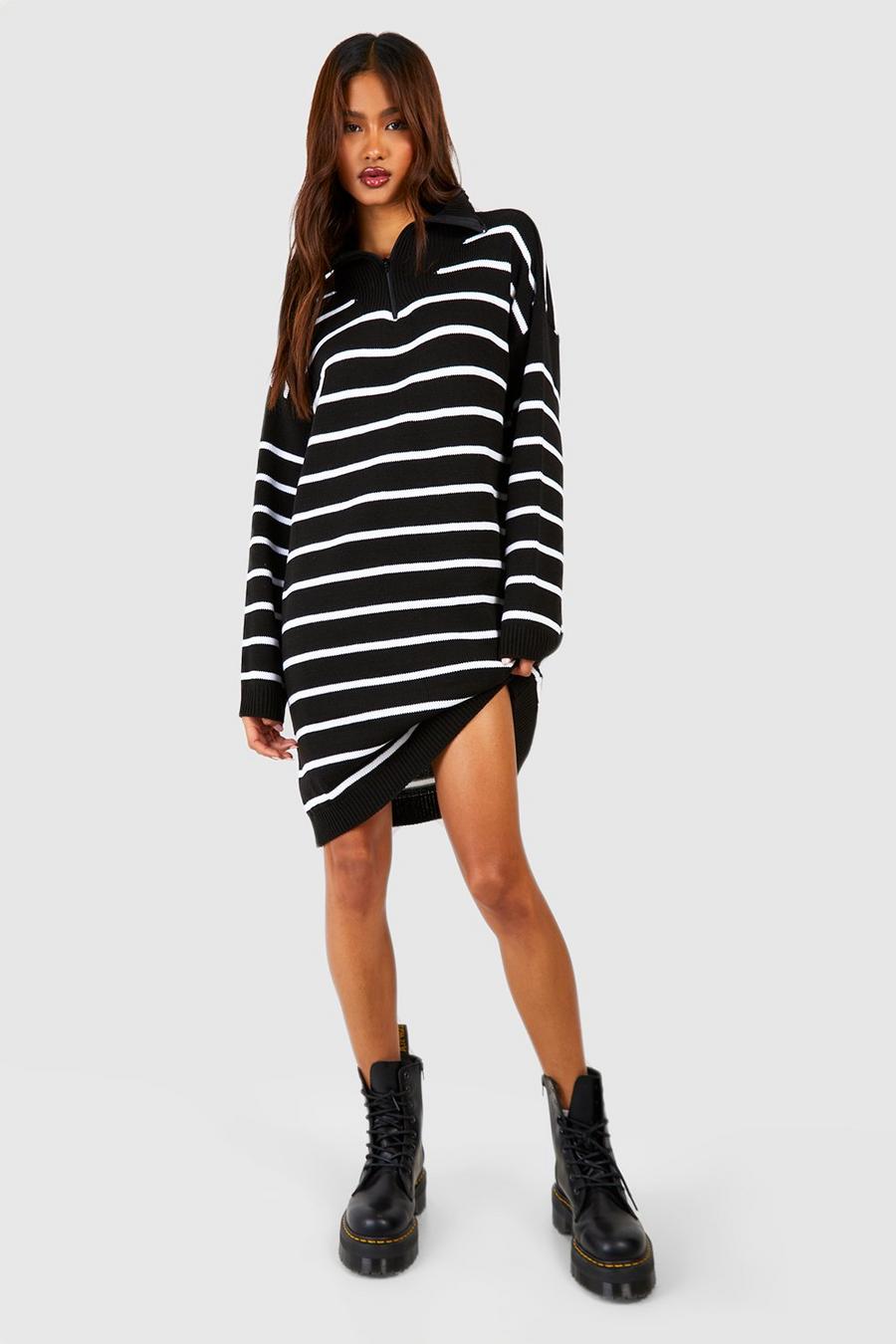 Black Tall Half Zip Slim Stripe Knitted Sweater Dress