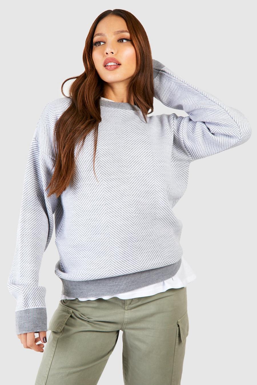 Grey Tall Oversize stickad tröja med fiskbensmönster image number 1
