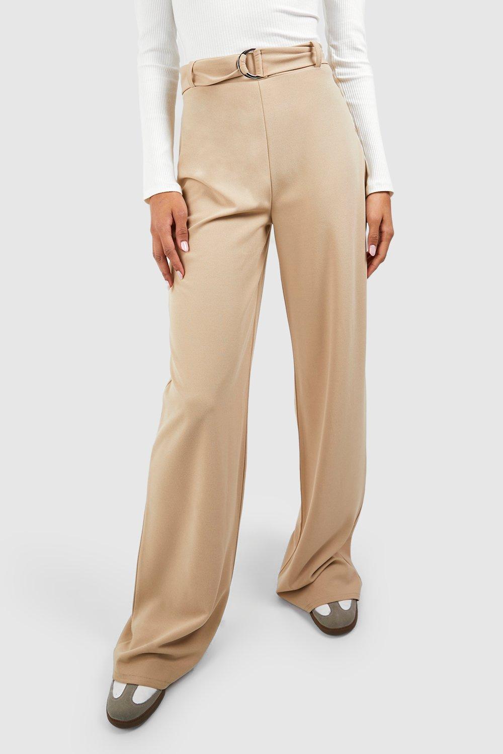 Boohoo Women s Tall Buckle Trim Self Belt Wide Leg Trousers Beige