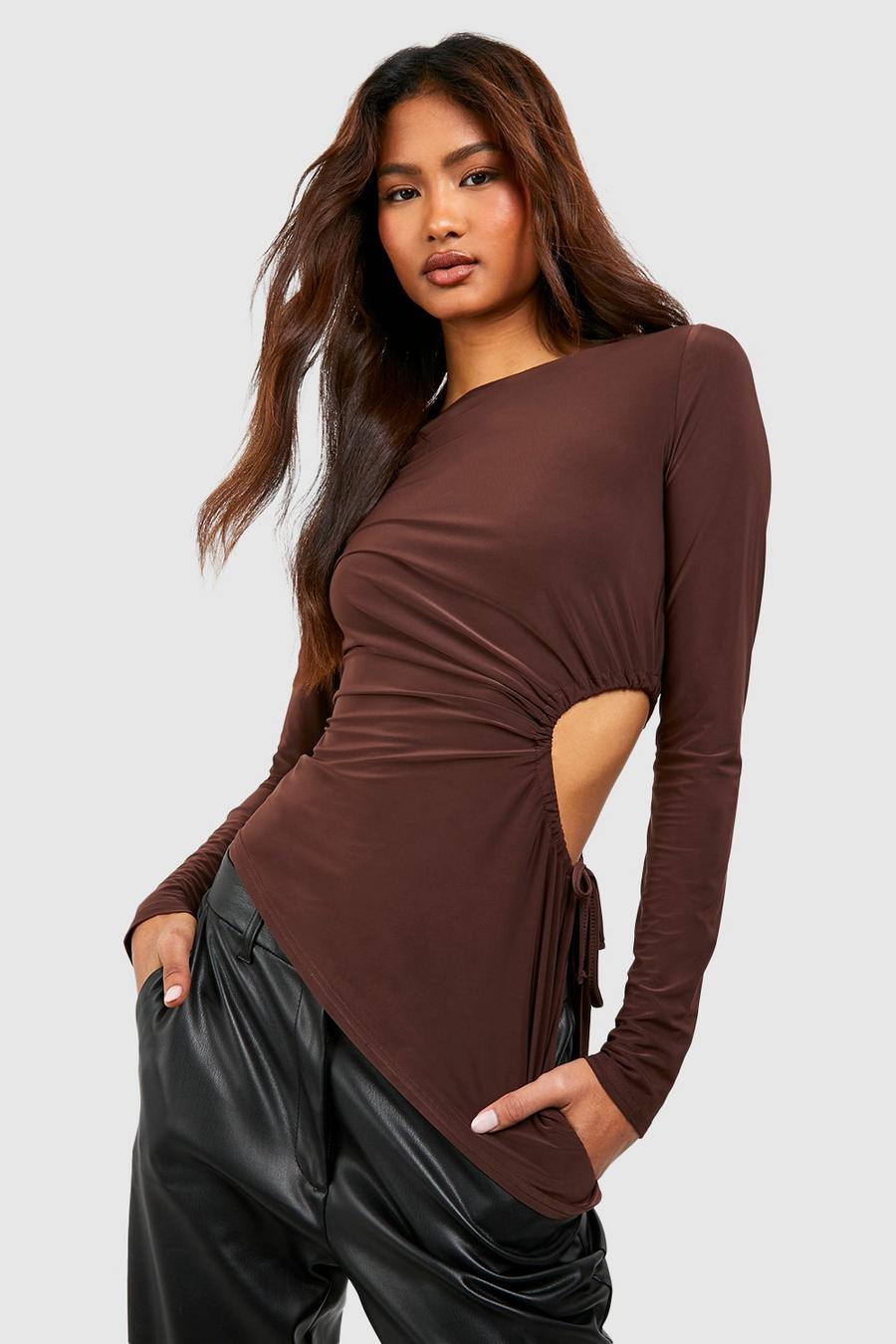 Chocolate Tall Asymmetric Cut Out Side Longsleeve Top image number 1