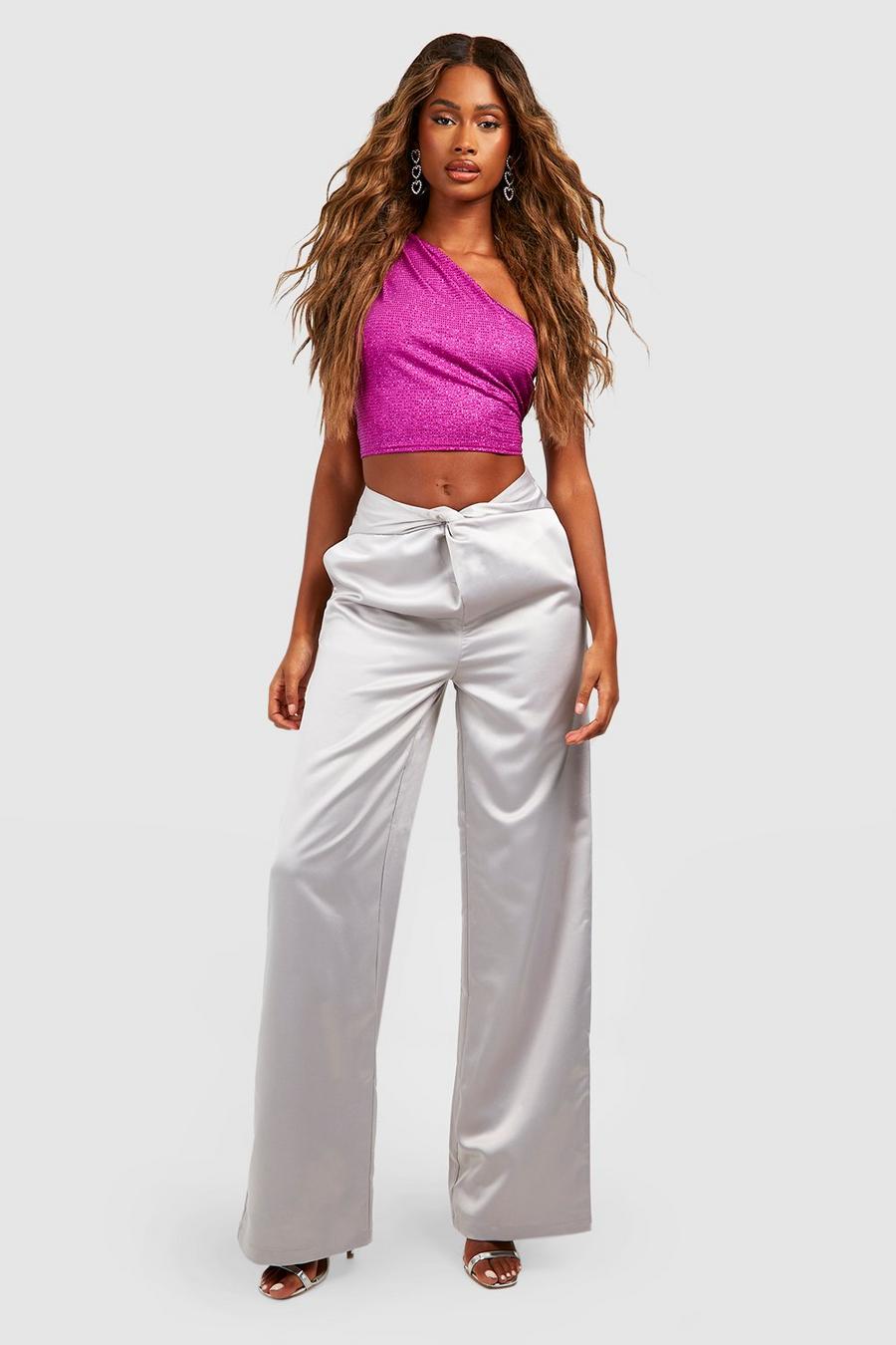Silver Heavy Satin Twist Front Wide Leg Pants image number 1