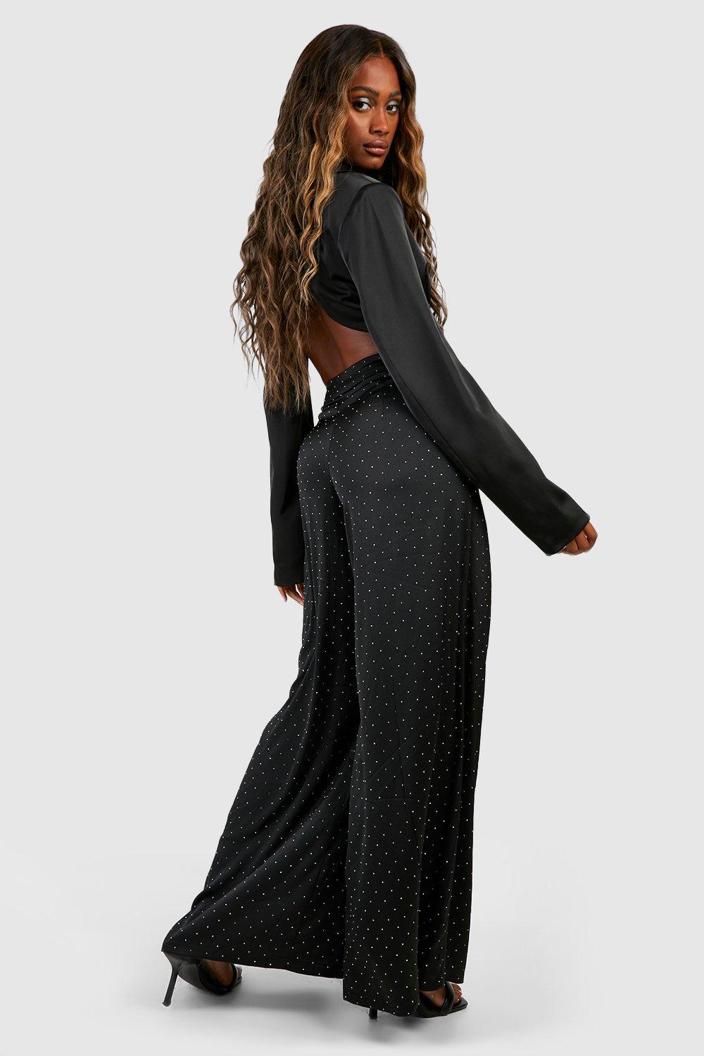 Rhinestone Satin Tailored Wide Leg Pants | boohoo USA
