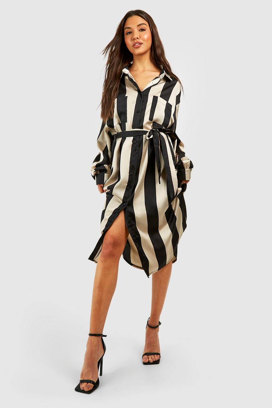 Black Stripe Midi Satin Shirt Dress image number 1