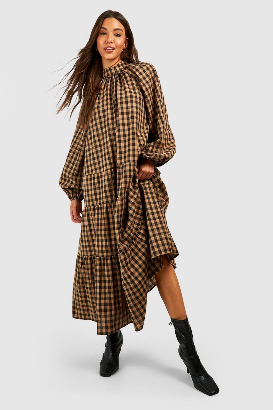 Brown Gingham Tiered Midi Dress image number 1
