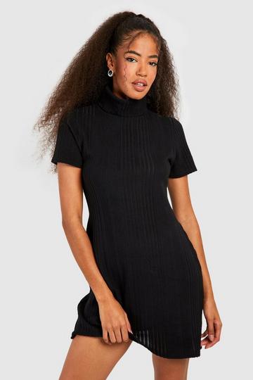 Black Textured Rib Roll Neck Mini Dress