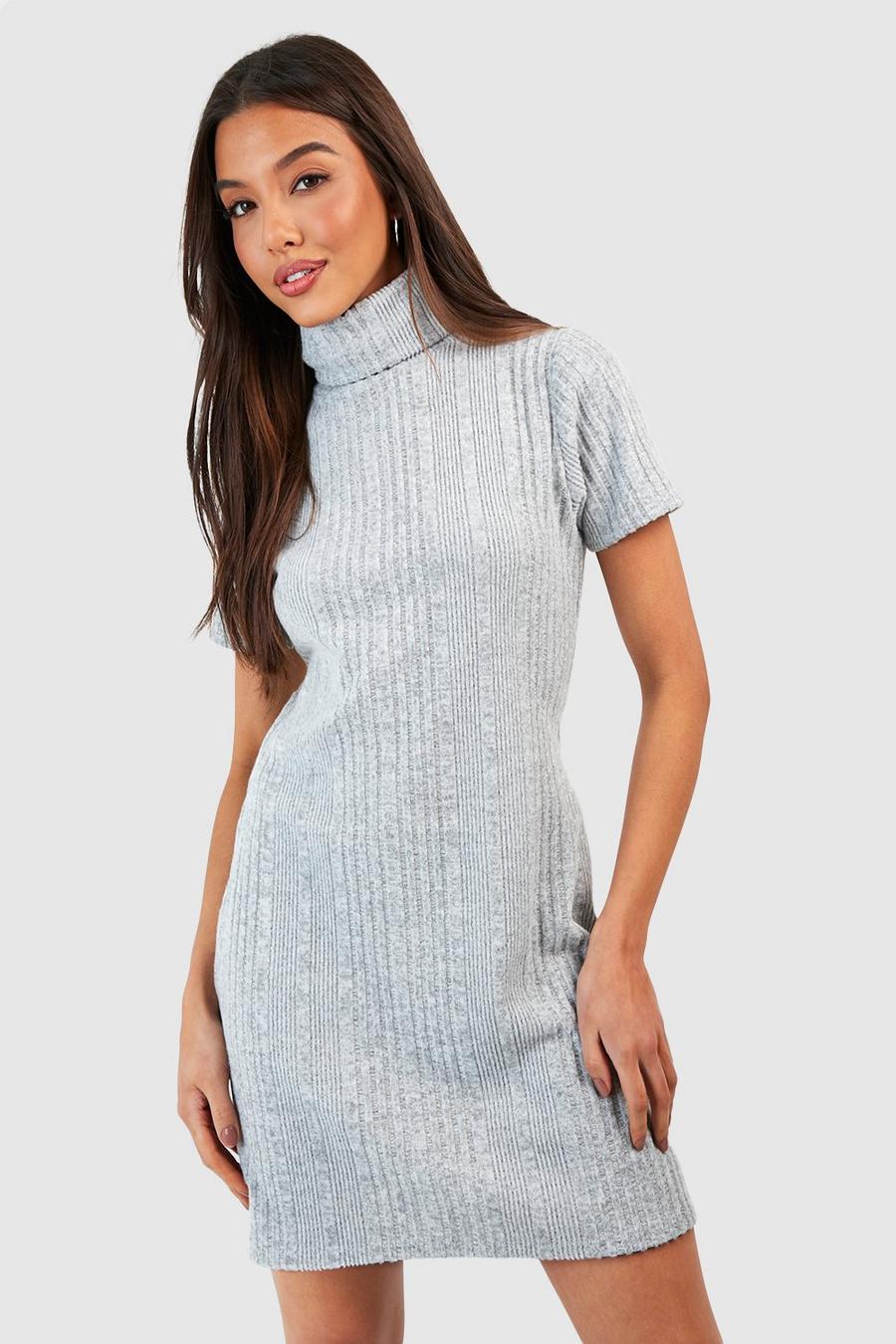 Grey Textured Rib Roll Neck Mini Dress