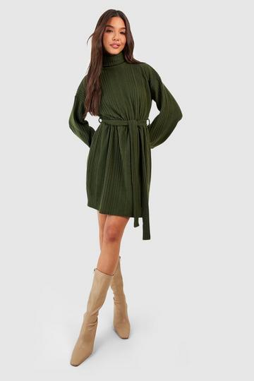 Textured Rib Roll Neck Skater Dress khaki