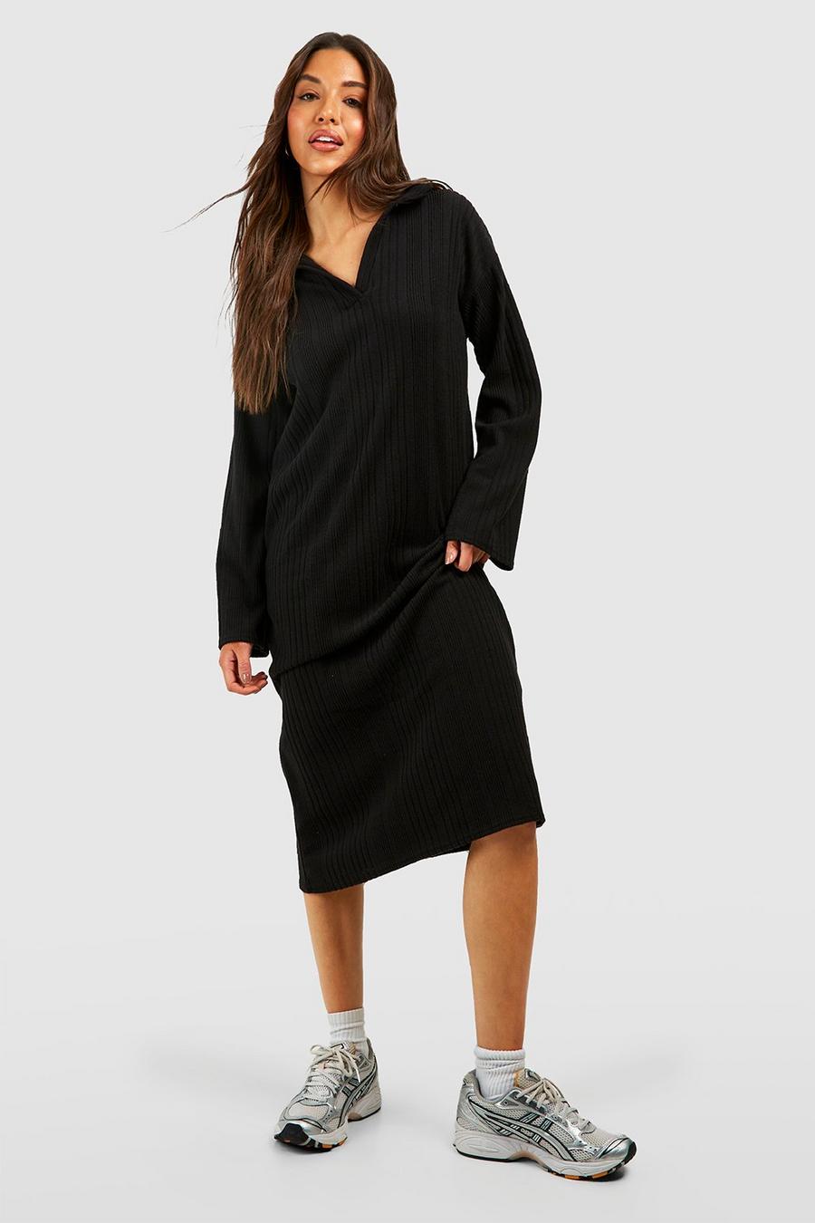 Black Textured Rib Collared Loose Midi Dress image number 1