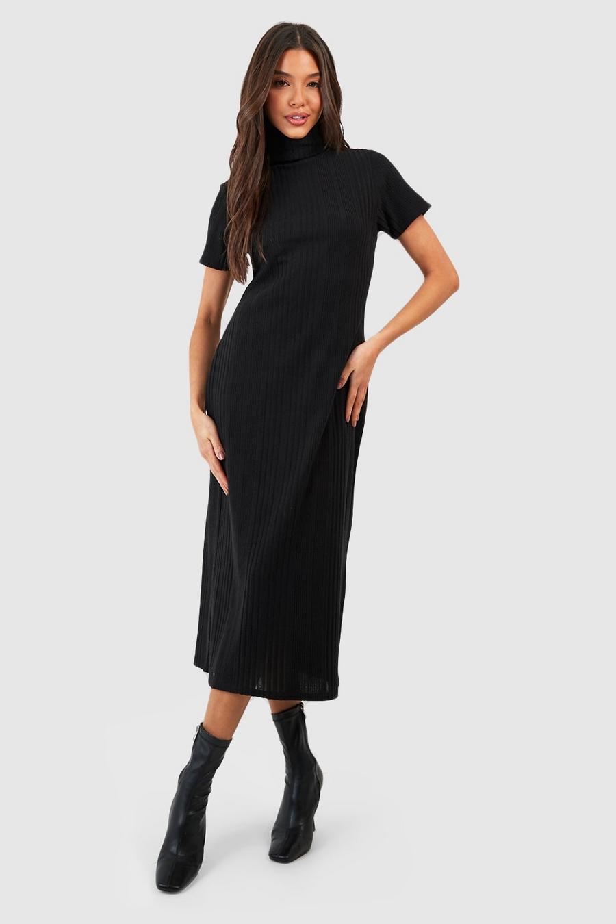 Black Textured Rib Roll Neck Midi Dress