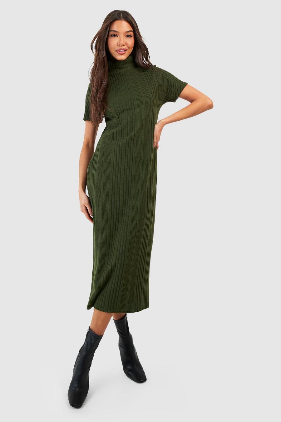 Robe mi-longue côtelée à col roulé, Khaki