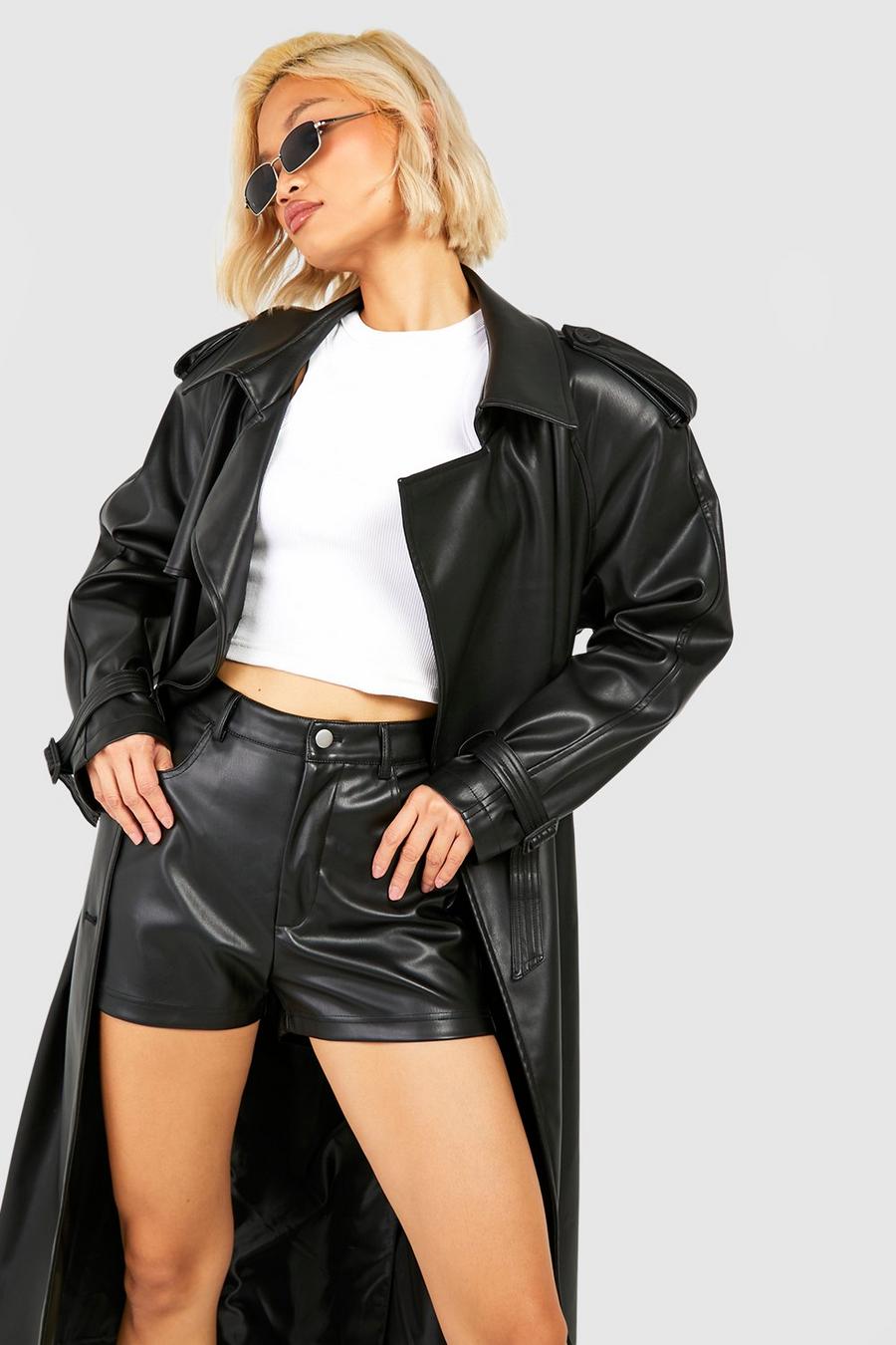 Black Faux Leather High Waisted Shorts image number 1