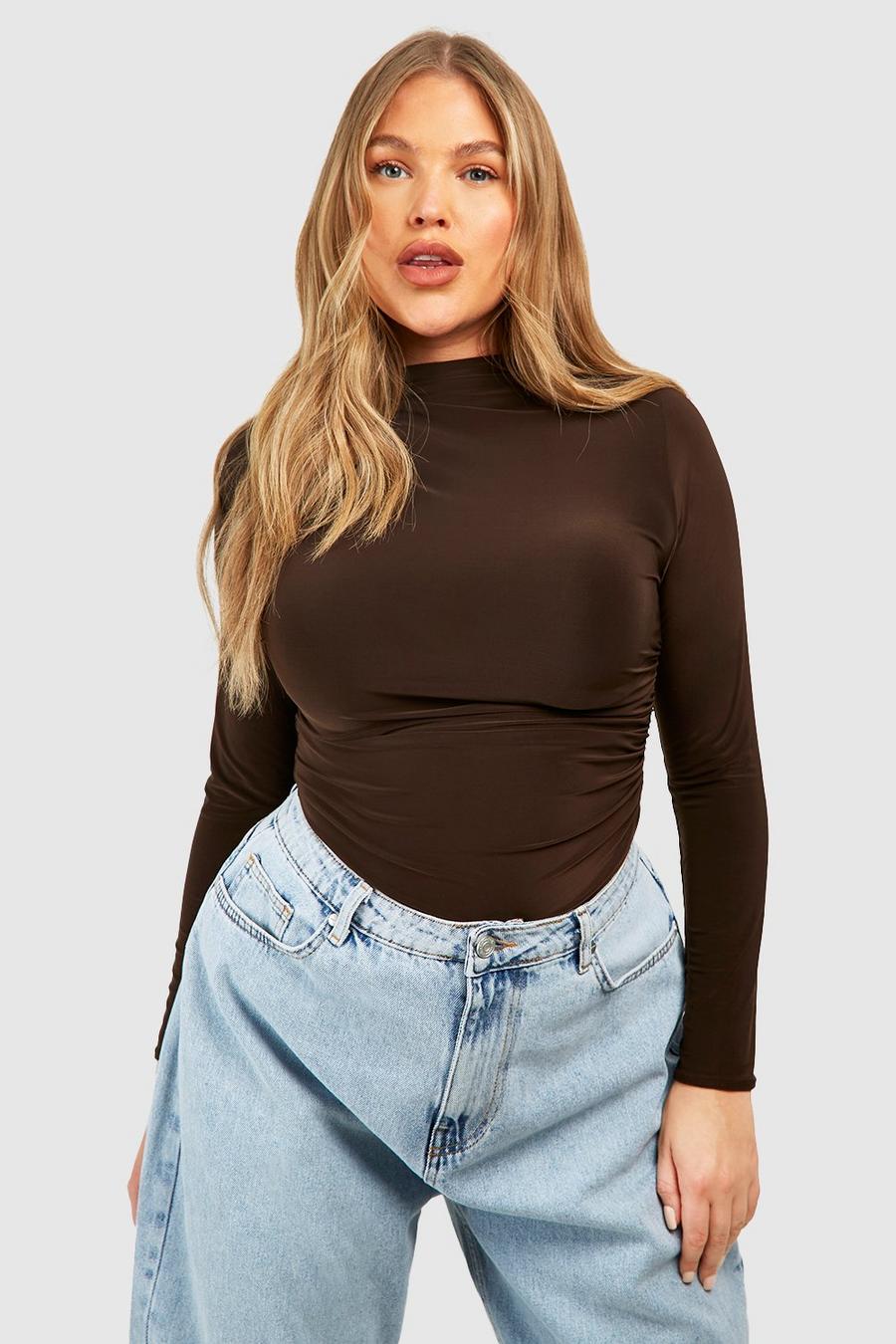 Body Plus Size drappeggiato con ruches sulle spalle, Chocolate image number 1