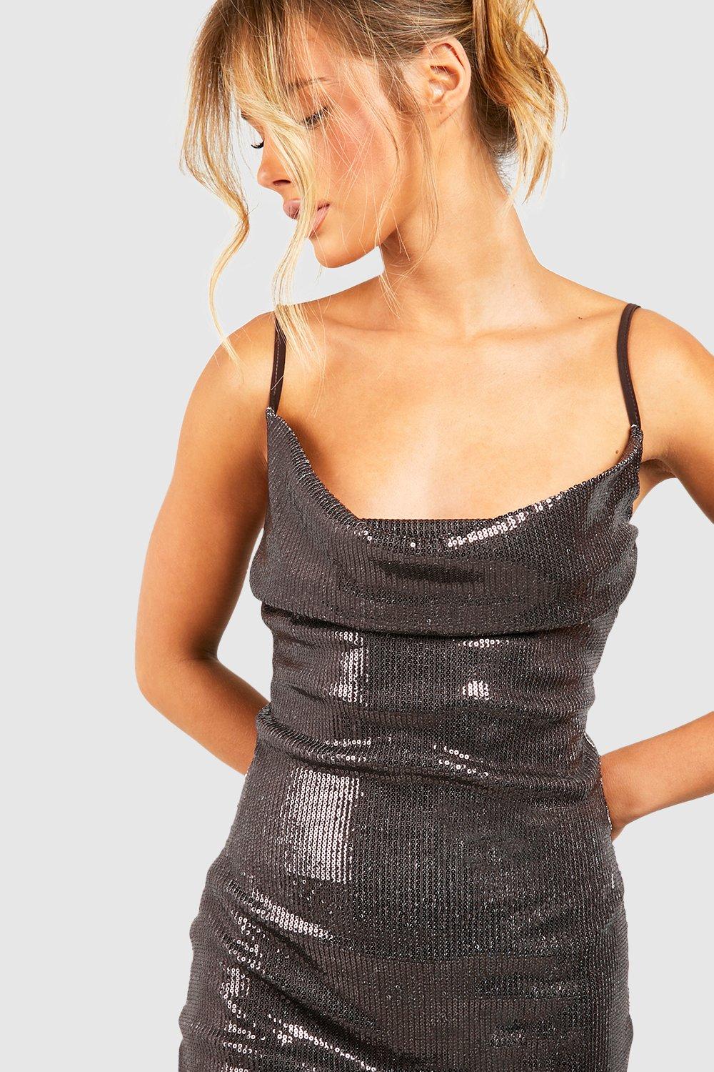 Silver sequin cowl 2024 neck bodycon dress