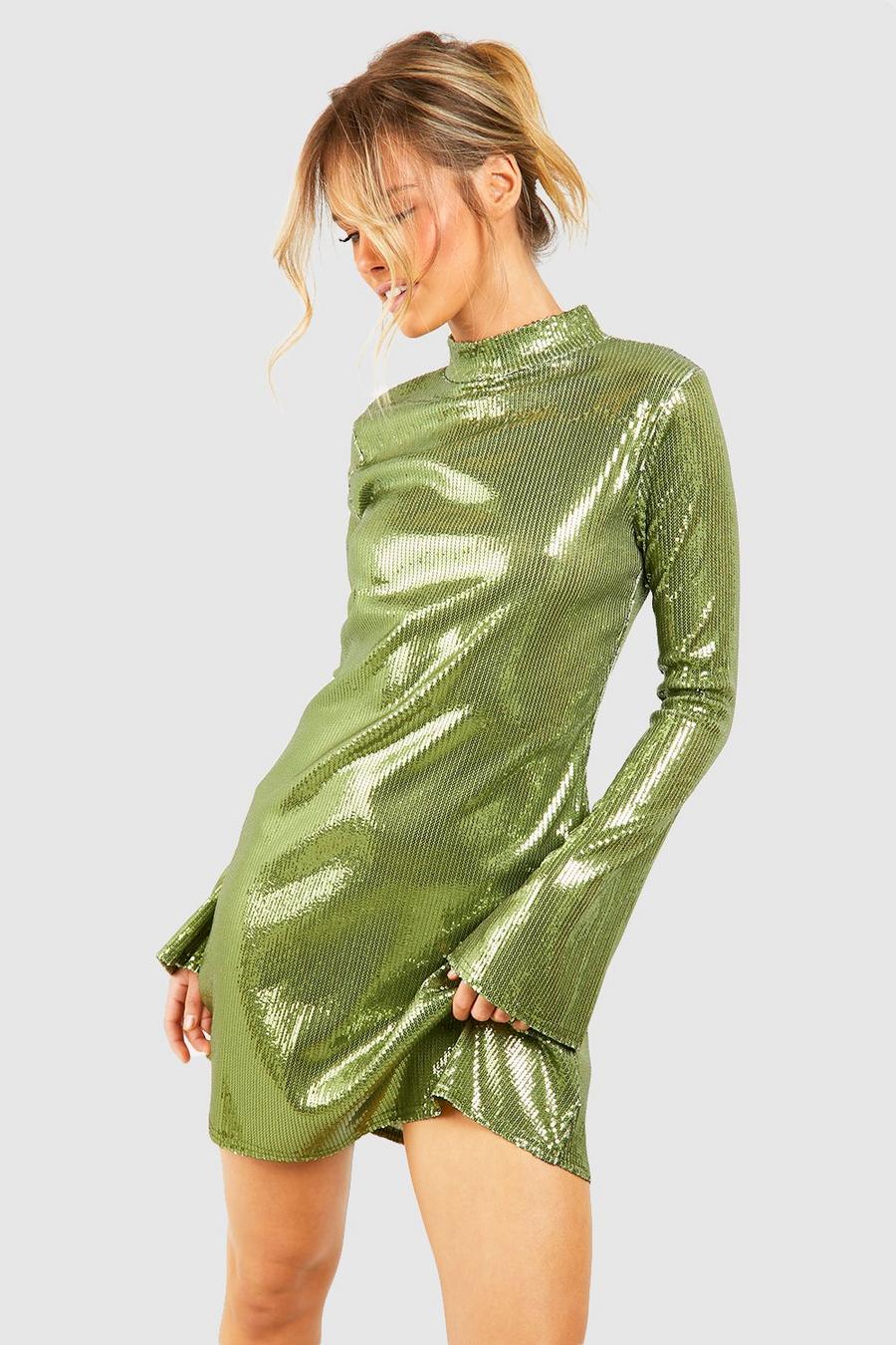 Olive Kort klänning med paljetter och hög hals image number 1