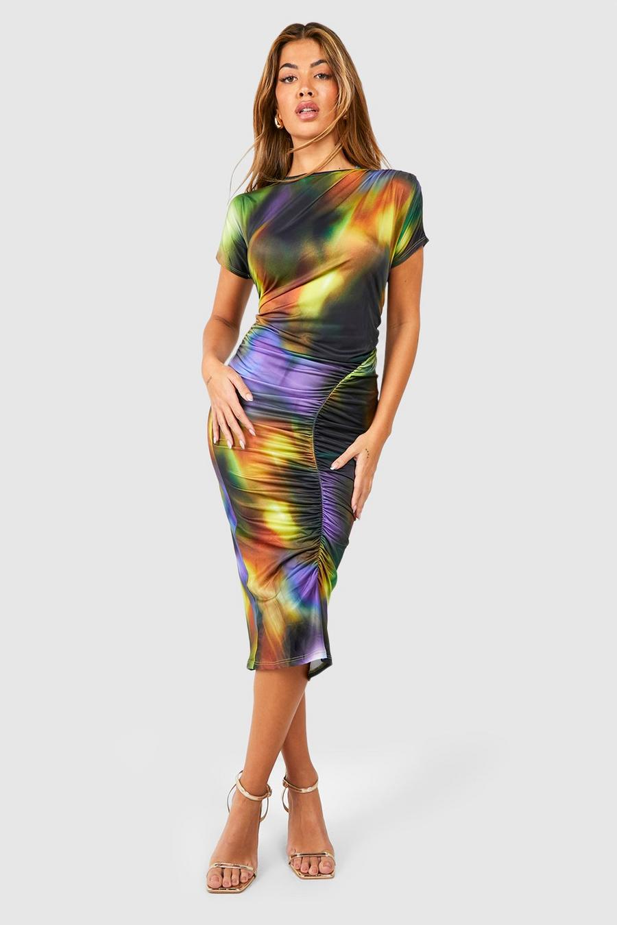 Multi Abstract Draped Slinky Midi Dress image number 1