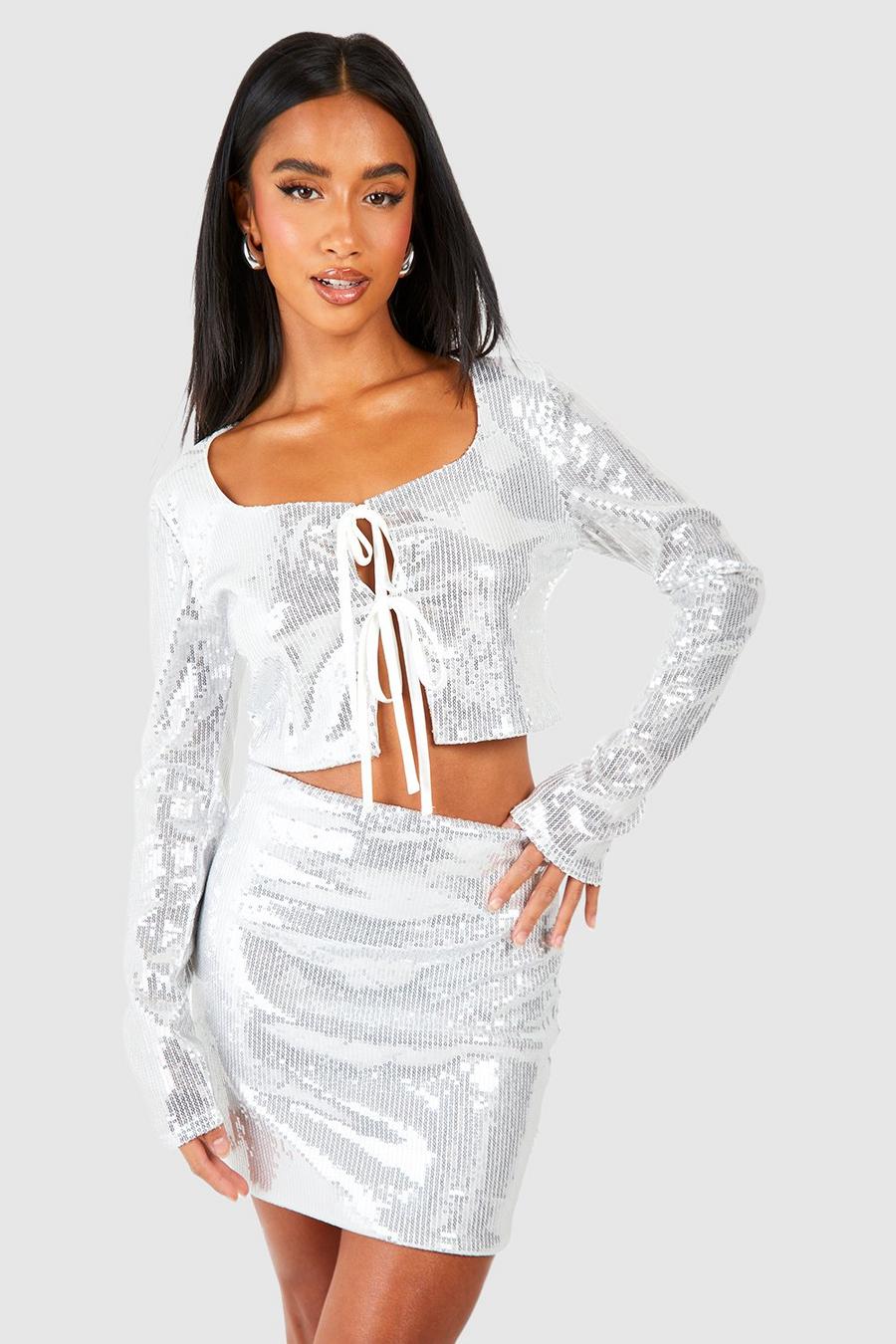 Silver Petite Sequin Mini Skirt image number 1