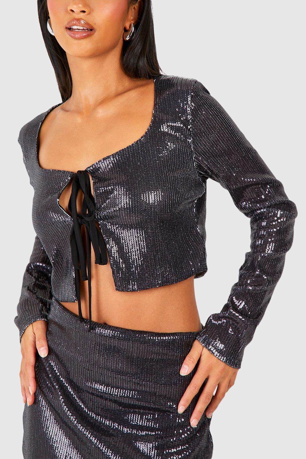 Petite Sequin Tie Front Crop Top