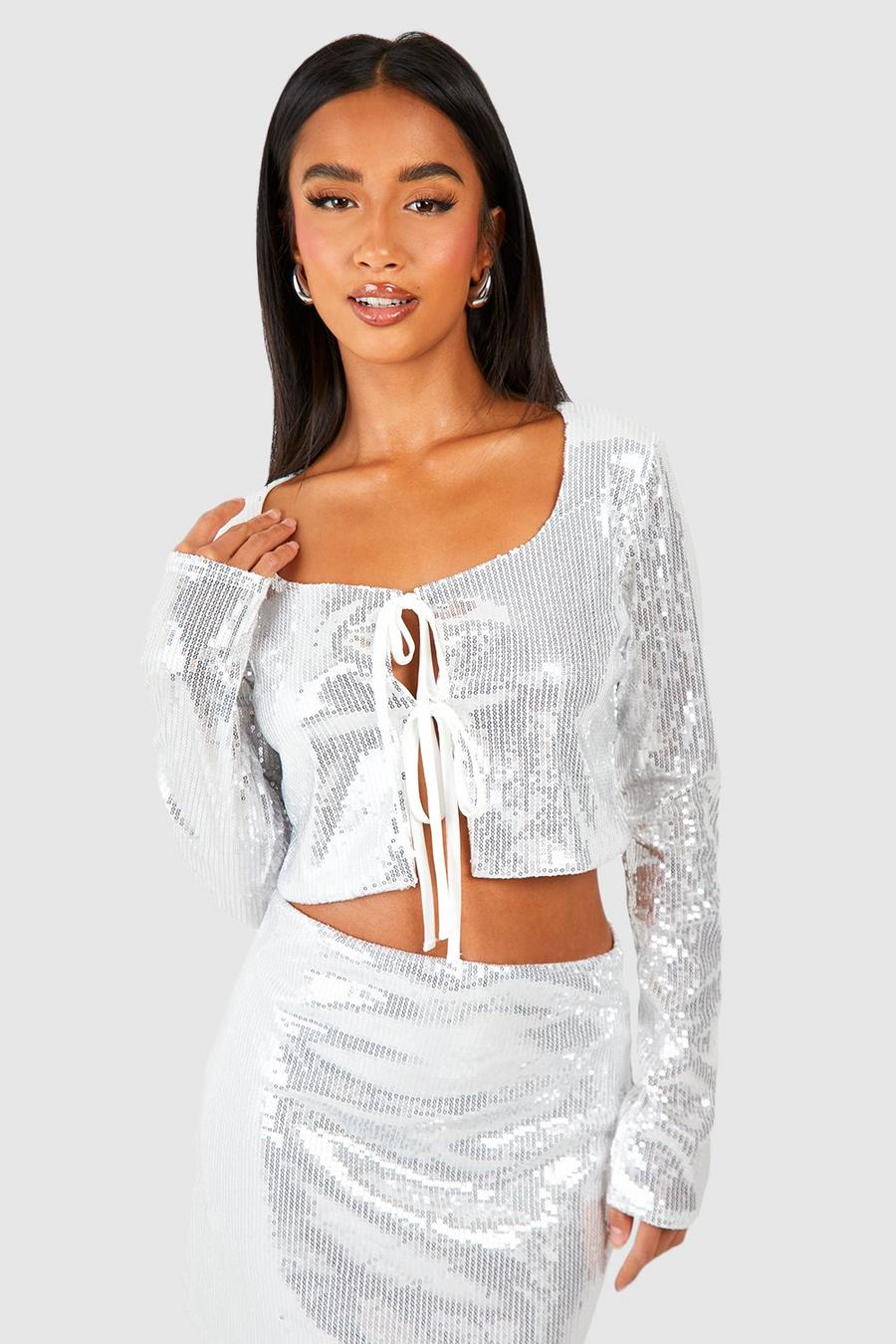 Women's Silver Petite Sequin Tie Front Crop Top | Boohoo UK