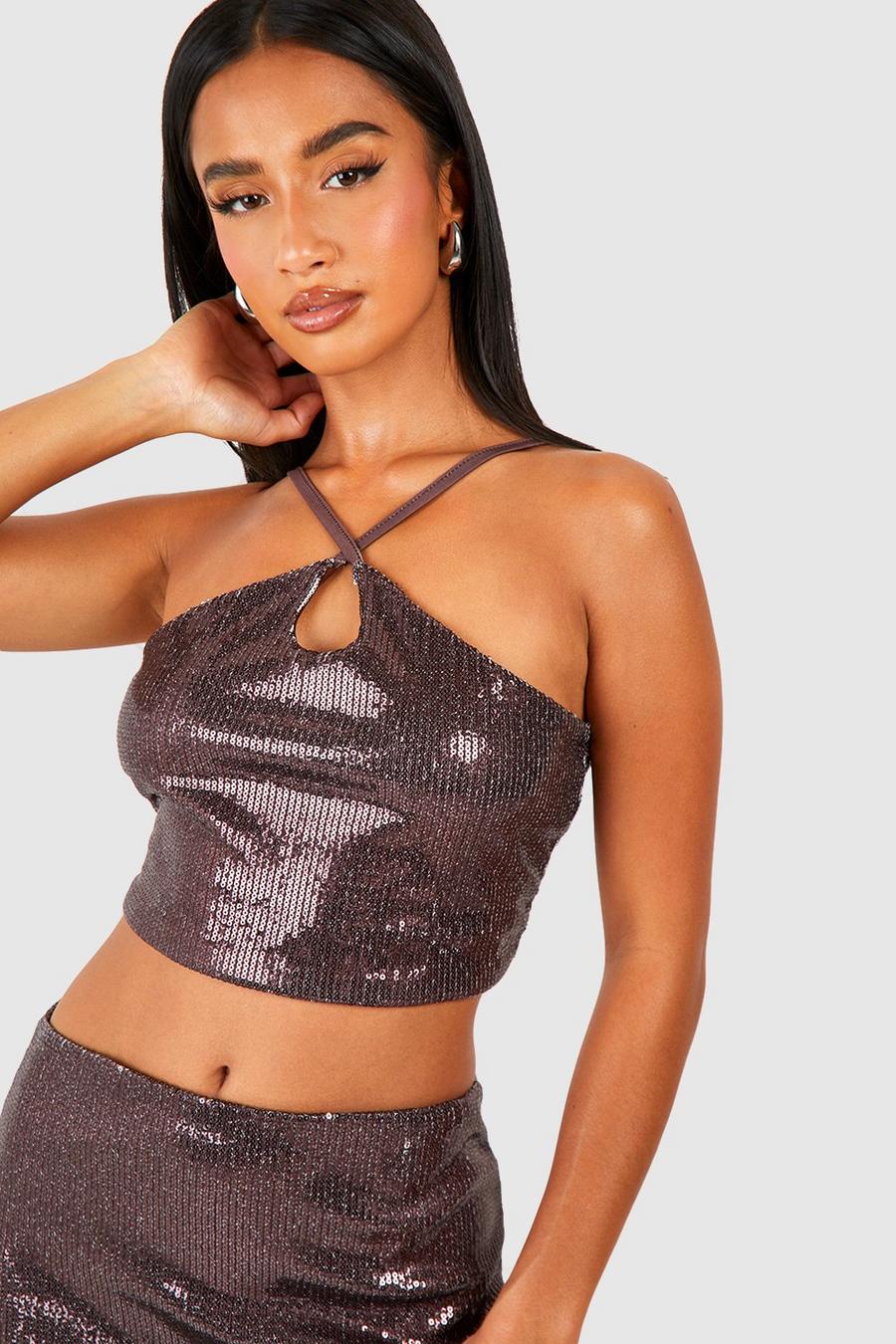 Chocolate Petite Crop top med paljetter image number 1