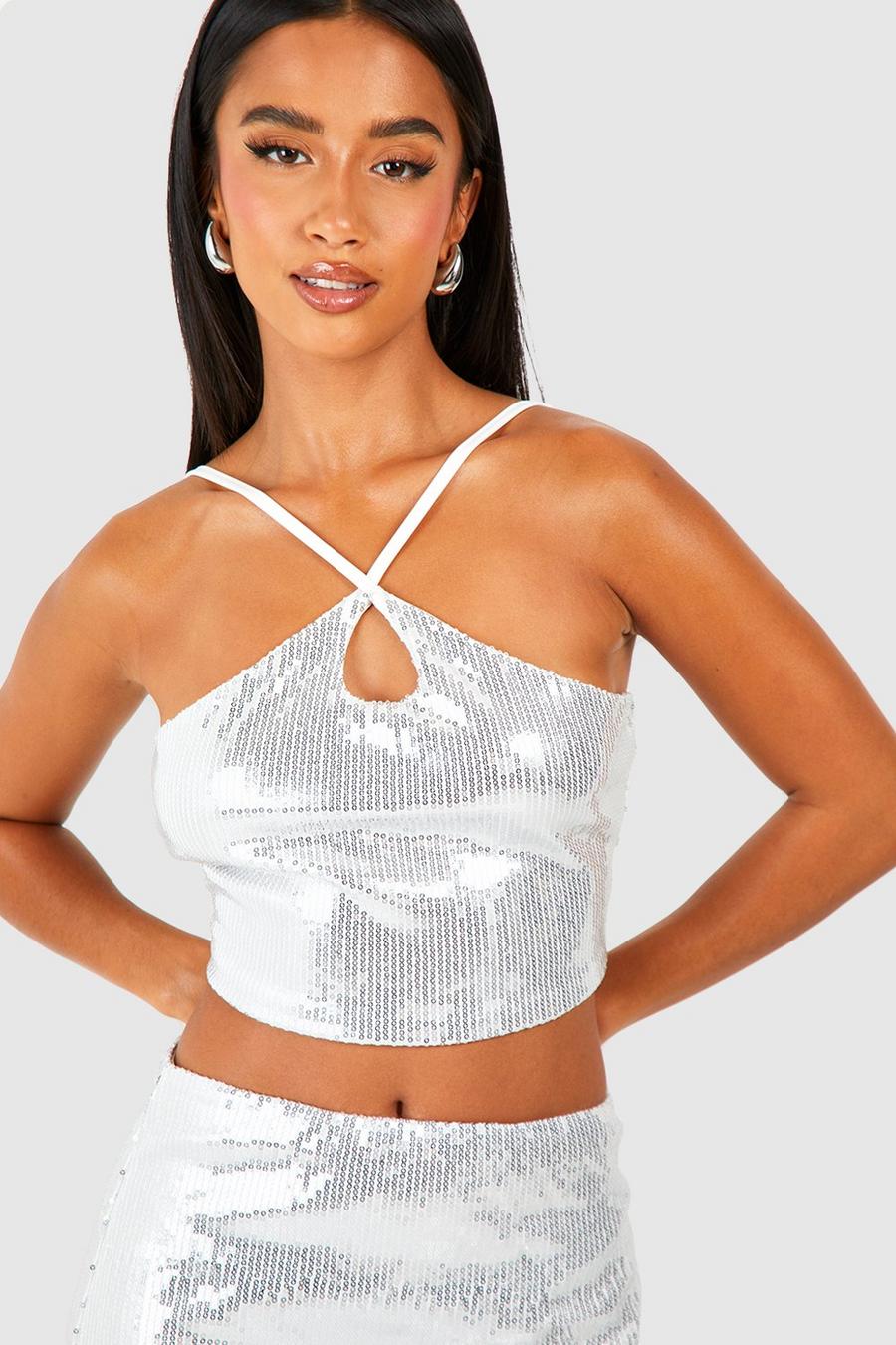 Silver Petite Sequin Strappy Crop Top image number 1