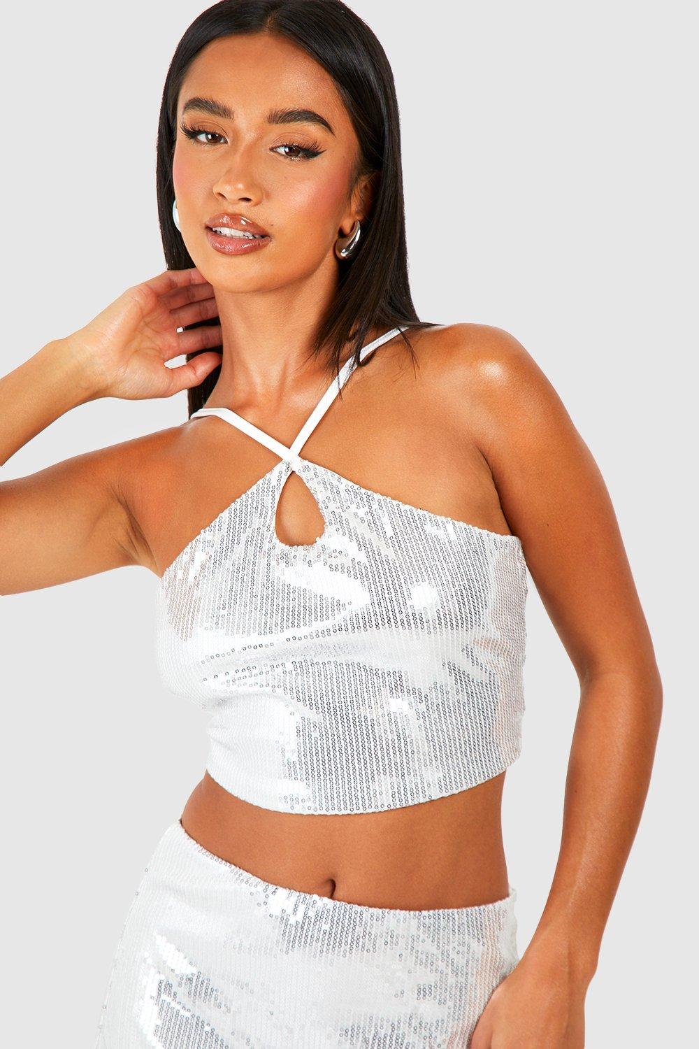 Petite Sequin Strappy Crop Top boohoo