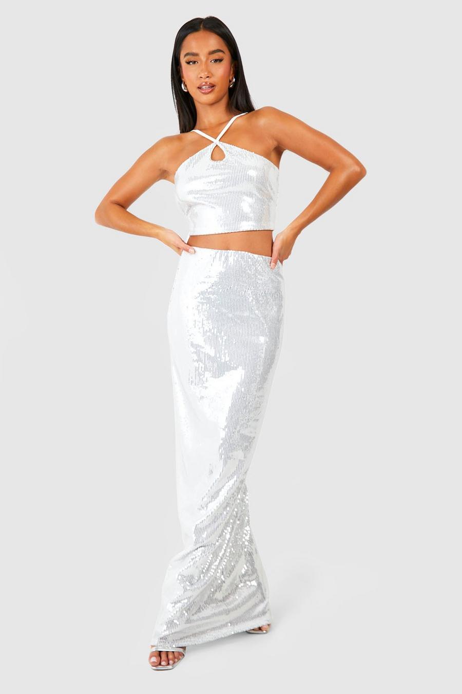 Silver Petite Sequin Maxi Skirt  image number 1