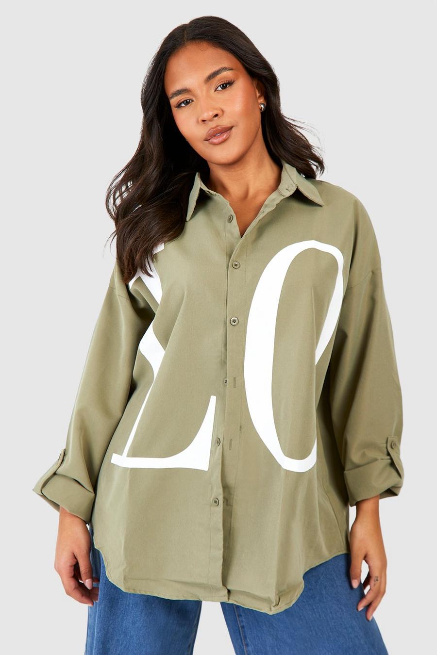 Camicia Plus Size oversize con slogan Love, Khaki image number 1