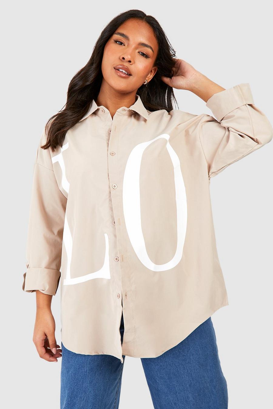 Camicia Plus Size oversize con slogan Love, Stone image number 1