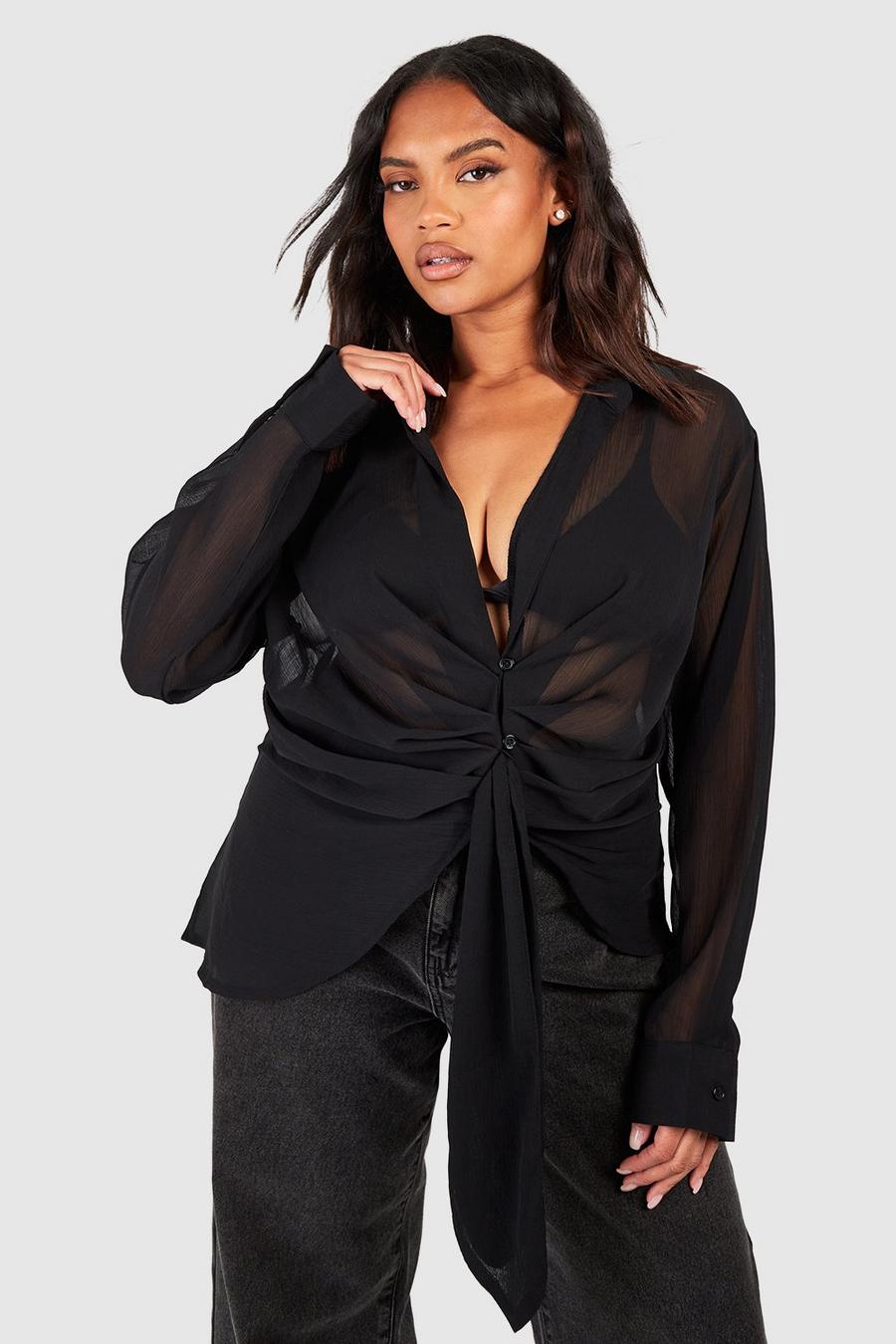 Blusa Plus Size in chiffon drappeggiato con laccetti, Black image number 1