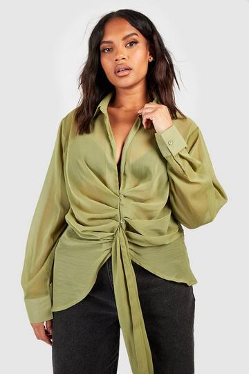 Plus Chiffon Drape Tie Detail Shirt Blouse khaki