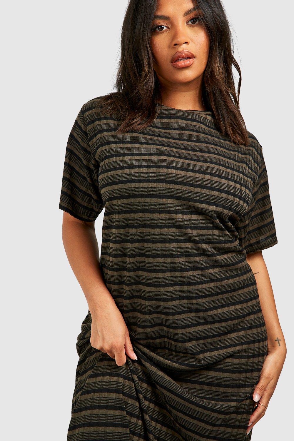 Women s Plus Rib Knitted Stripe T shirt Dress Boohoo UK