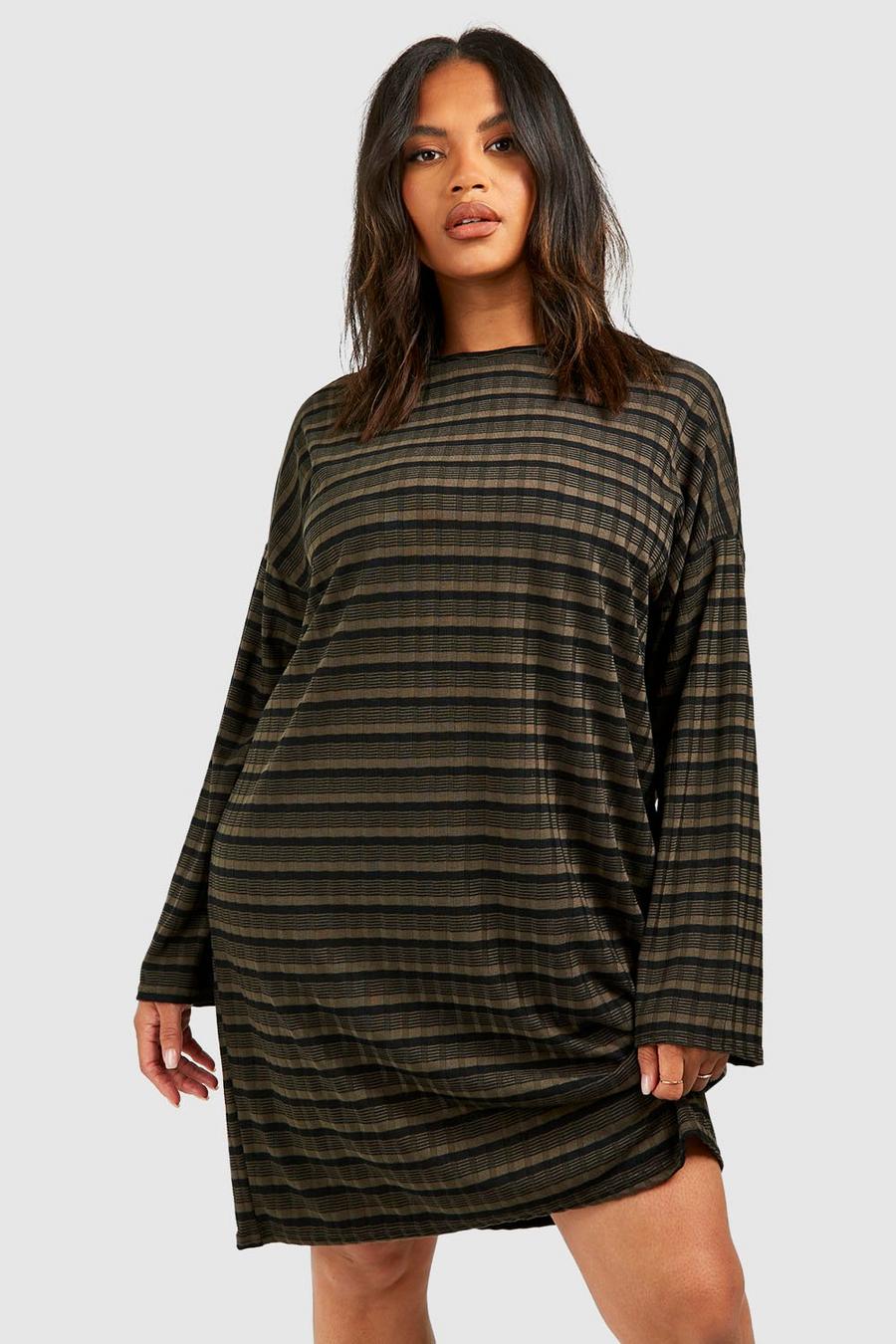 Khaki Plus Rib Knitted Stripe Crew Neck Slouchy Sweater Dress