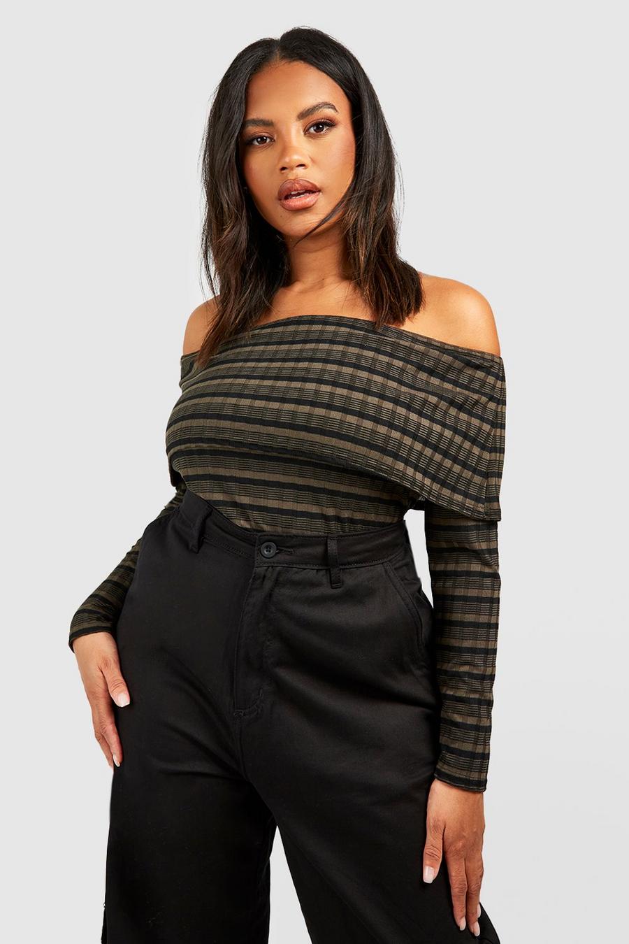 Body Plus Size in maglia a coste con scollo Bardot, Khaki image number 1