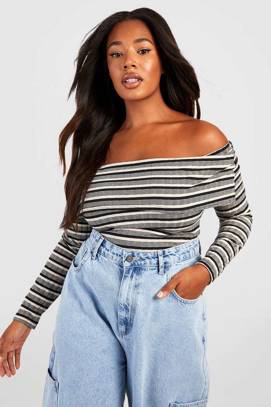 Stone Plus Rib Knitted Off The Shoulder Bodysuit