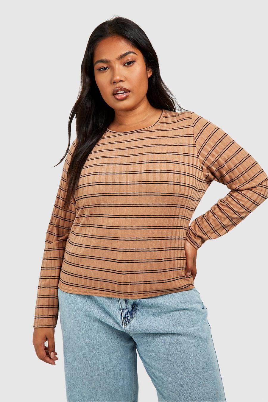 Camel Plus Geribbelde Gebreide Top Met Crewneck