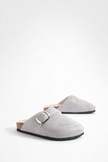 Wide Fit Oversized Buckle Borg Lined Clogs light grey