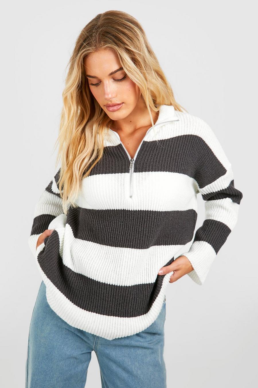 Dunst half zip stripe knit sweater charcoal grey cream stripes