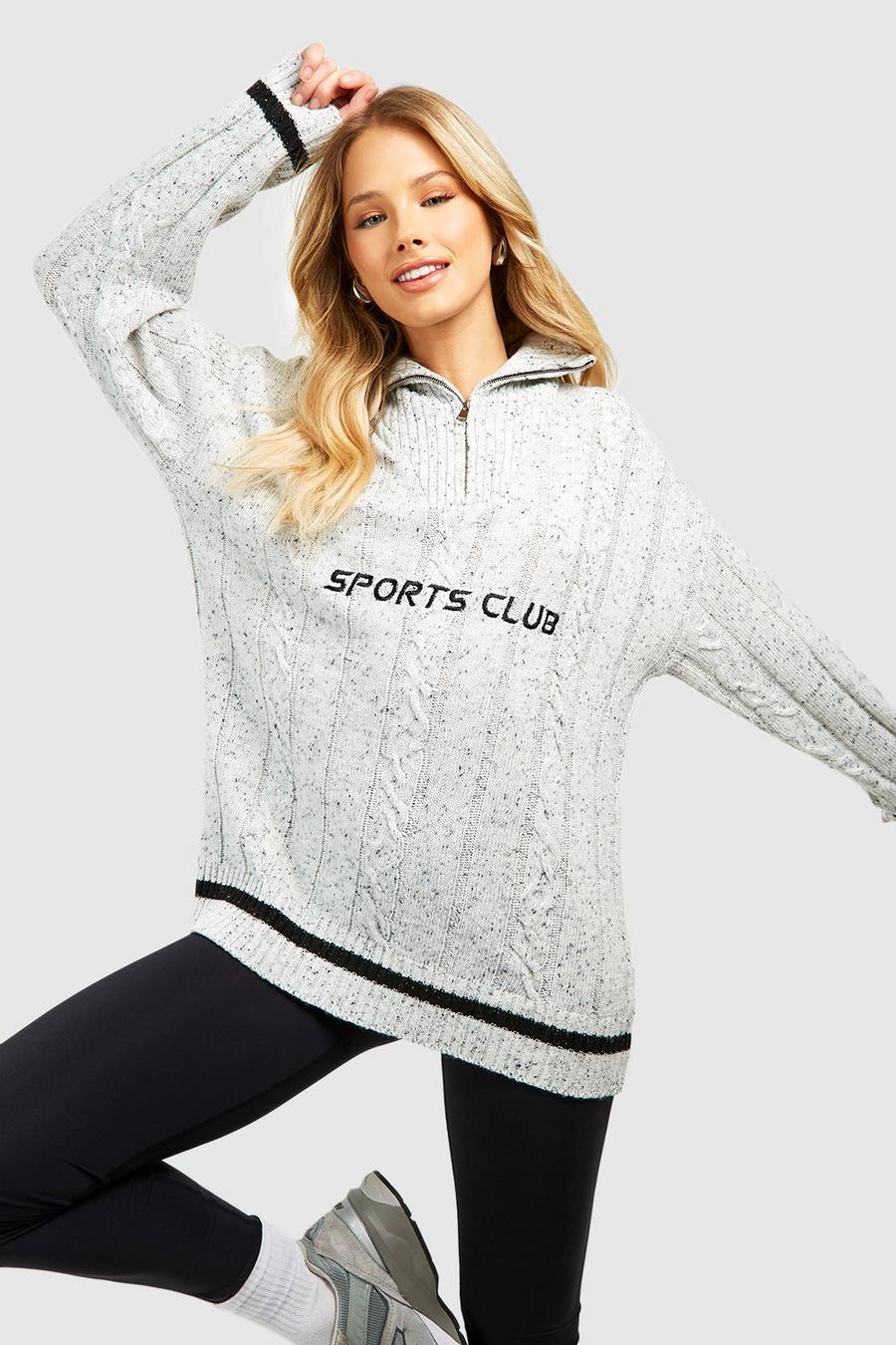 Zopfmuster-Pullover mit Sports Club Print und halbem Reißverschluss, Grey image number 1