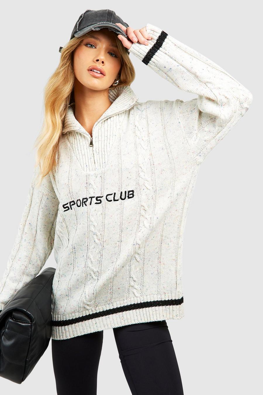 Ivory Sports Club Marl Cable Knit Half Zip Jumper image number 1