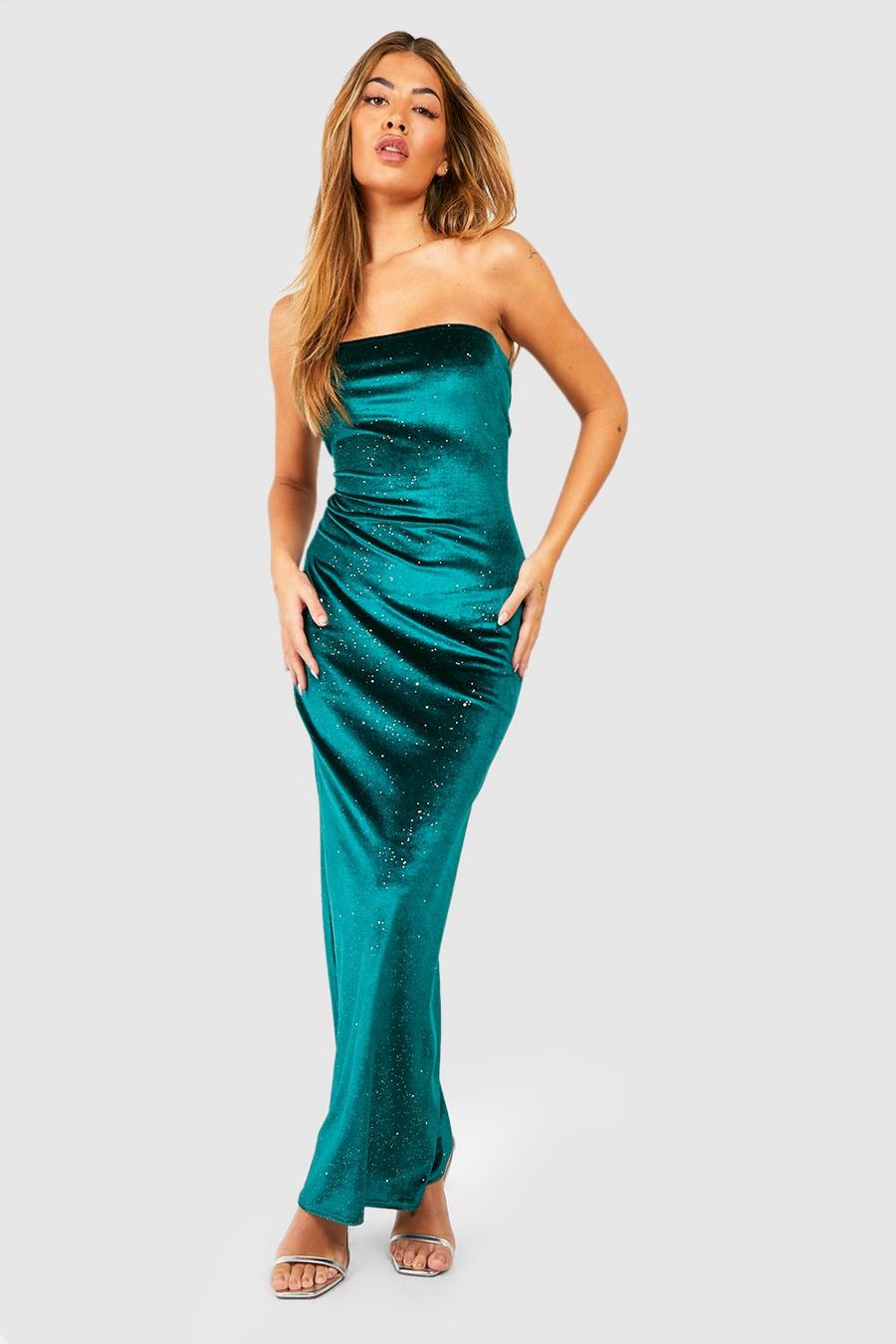 Green Bandeau Glitter Velvet Midi Dress image number 1